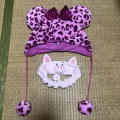 ピンクヒョウ柄耳付き帽子とピグレットヘアバンド2点セット