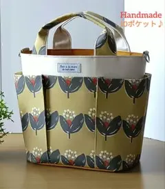 【再出品】ハンドメイド★ポケットいっぱいトートバック★帆布×北欧フラワーアート柄