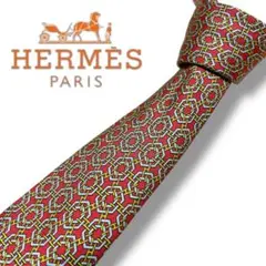 【美品】HERMÈS エルメス ネクタイ 総柄 チェーン シルク レッド系