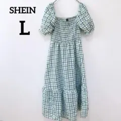 SHEIN 【L】ロングワンピース チェック柄 パフスリーブ グリーン