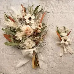 ウェディングブーケ ブートニア付き ドライフラワー 結婚式 韓国風 ボヘミアン