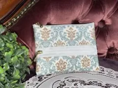 再販☆ポケットティッシュ入れ付ミニミニポーチ【ブラウンオールドブルーダマスク柄】