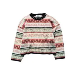 7AS4【フランス製】デザインニット　ショート丈　総柄　レトロ　古着used