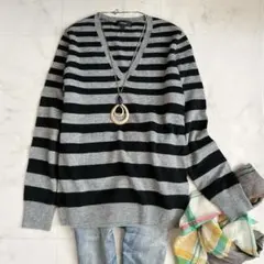 シ*ィ様 セオリー カシミヤ100% 長袖 ニットプルオーバー ストライプ 黒/