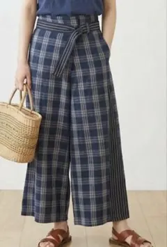 【iS ScoLar】イズスカラー チェック柄 サイドライン ワイドパンツ M