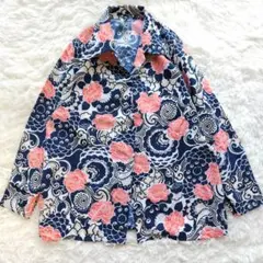 ゆったり 花柄 和柄 和風 シャツ ブラウス 長袖 レトロ 古着 ネイビーのサムネイル
