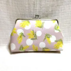 がま口ポーチ　メイクポーチ　ハンドメイド　ミモザ　花柄　水玉　ピンク　小物入れ