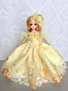 リカちゃん服　黄色の花刺繍ドレス　４点セット　ハンドメイド