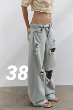 完売品⭐︎ZARA TRF ダメージ加工バギーミッドライズデニムパンツ 32