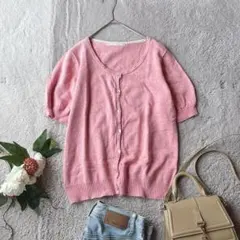 半袖カーディガン(M)綿100%/コットン/羽織り/上着/Uネック/ピンク