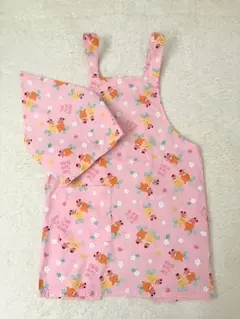 ピンク 動物柄 エプロン 130cm 三角巾付き 薄手