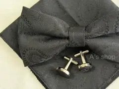 蝶ネクタイ チーフ カフス 結婚式 二次会 前撮り 3点セット 黒 ペイズリー柄