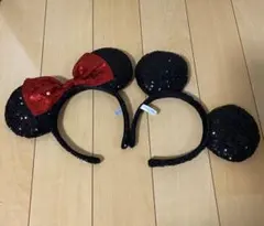ディズニー　カチューシャ　ペア　スパンコール　　ミッキー　ミニー　赤　黒