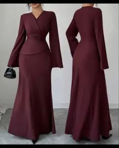 バーガンディ ラップドレス マキシ丈