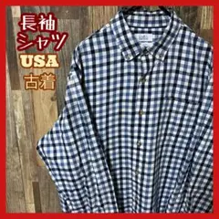 L ブルー ネイビー ボタンダウン チェック メンズ シャツ USA古着 長袖