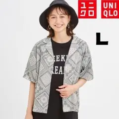 GU　ジーユー　バンダナ　プリント　オープンカラーシャツ　5分袖　白　L　シャツ