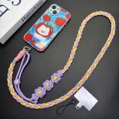 1点　ネックストラップ スマホショルダー 花柄 綿ロープ 長さ調整可