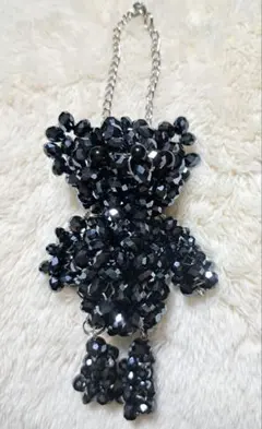 【ハンドメイド】ビーズ編み 立体くまさん チャーム ストラップ テディベア　黒