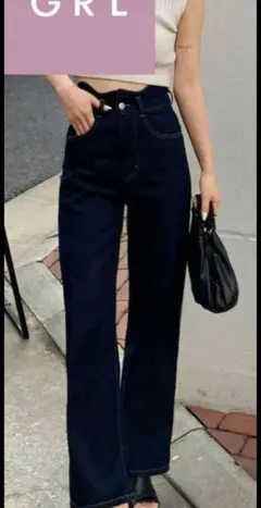 22日までセールGRL【美品】ダークブルー ハイウエストワイドレッグデニムパンツ