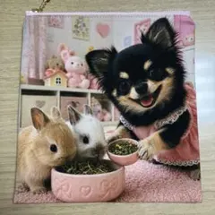 フラットポーチ ハンドメイド 犬柄 チワワ いちご さくらんぼ 両面