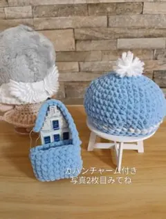 10〜12㌢ドール対応 水色　帽子＆バック2点セット