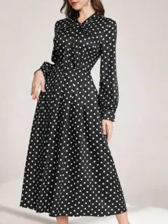 新品未使用 ポルカドット柄Vネックリボン長袖ロングワンピース