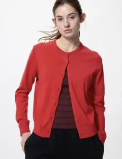 UNIQLO UVカット クルーネックカーディガン 赤 レッド サーモンピンク