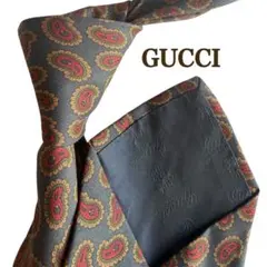 GUCCI グッチ　ネイビー　ブラウン系　ボルドーペイズリー柄 ネクタイ シルク