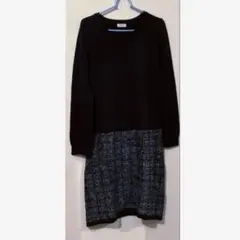 ニットツイードワンピース 長袖　ブラック　M