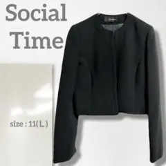 k【ソーシャルタイム】ノーカラージャケット/美品 大きい フォーマル 黒 Ｌ