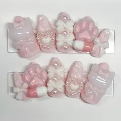 ネイルチップ 現品 地雷系 量産型 リボン 肉球 パール ゴテゴテ ロリータ