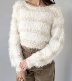 Heather シャギーニット セーター ボーダー 白 ショート丈 フリーサイズ