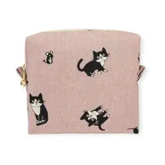 スクエアポーチ ファスナーポーチ ハンドメイド ハチワレ猫 猫 猫柄 ピンク