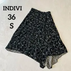 INDIVI♡ミモレ丈　フレア　スカート　ブラック 総柄【36/S】cd65
