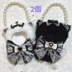 【パールチェーン付け外し可能】にじぱぺっと ぬい服 2個　猫　黒白