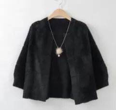 カーディガン　黒　ショート丈　厚手　ブラック　フリーサイズ　体型カバー