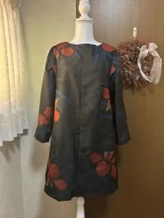 お値下げ　着物リメイクチェックチュニックワンピース銘仙黒　大正ロマン　昭和レトロ