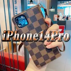iPhone カバー 手帳型 ケース iPhone14Pro チェック柄 茶色