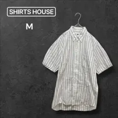 ボタンダウンシャツ 半袖 ストライプ 上品 長め丈 コットン100% 日本製 M