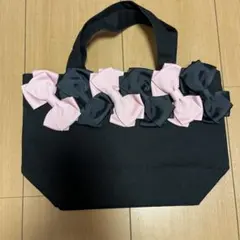 ハンドメイド　リボン付き黒トートバッグ