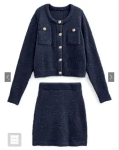 ラメフェザーニットカーディガン×ミニスカートセットアップ[kz617] ネイビー
