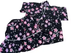 花柄フリル付き甚平 80cm 女の子 夏 お祭り 黒 ピンク 花柄