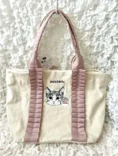 【新品】猫部 ギャザー リボン トートバッグ 中桃 サバトラ白 猫柄