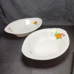 レトロ花柄（ポピー）の楕円形（カレー）皿 2個セット　ボウル型