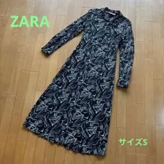 ZARA 長袖 ロングワンピース 総柄 ブラックのサムネイル