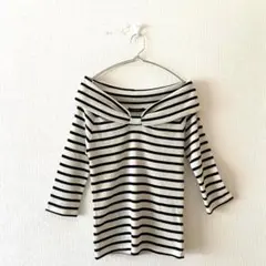 ☆【イング】ニット ボーダー オフショルダー 綿混 ラグランスリーブ 七分袖 M