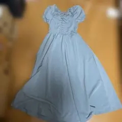 青いリボンデザイン半袖ロングワンピース