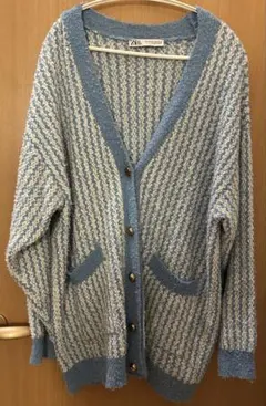 ZARA オーバーシルエット ニットカーディガン 青白配色 ストライプ柄 S