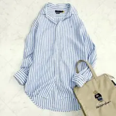 現行【ラルフローレン】リネンシャツ　ポニー刺繍　ストライプ　ゆったり　青　Y2K