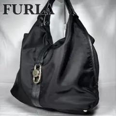 美品 フルラ トートバッグ 肩掛け ゴールド金具 無地 ナイロン ブラック